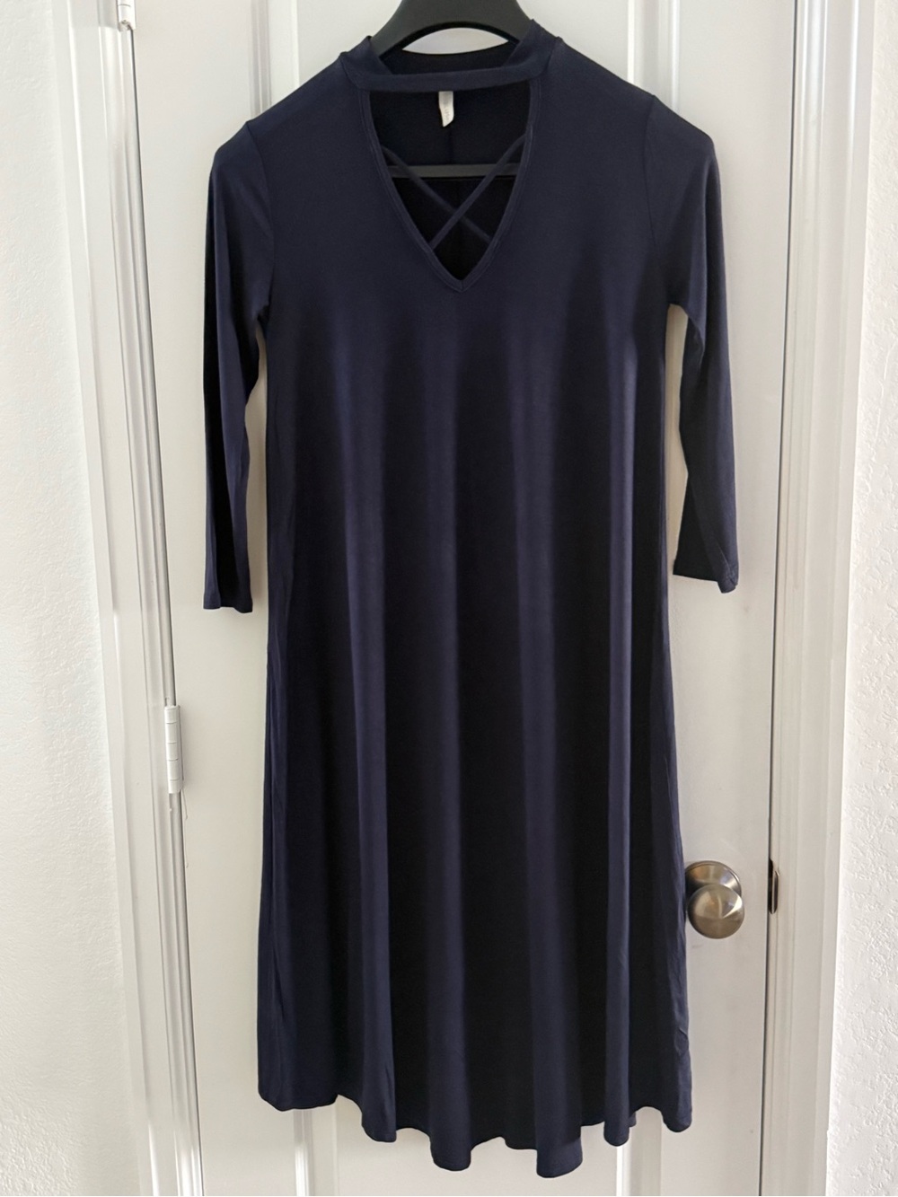 Pinkblush Navy Blue 3/4 Sleeve Dress With Crisscross Neckline
